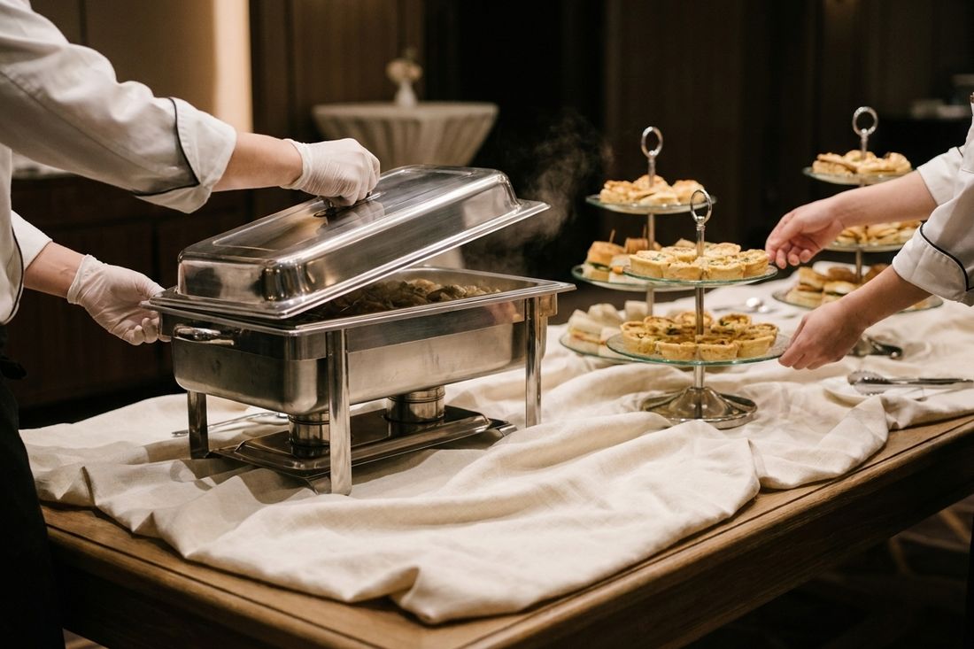 Placeholder stock photo: a caterer lifting the lid off a chafing dish beside tiered trays of hors d’oeuvres on a linen-covered table.