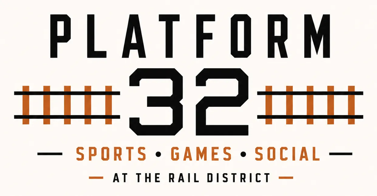 Platform 32 wordmark: "Platform 32 — Sports · Games · Social — At the Rail District," black and burnished orange on cream.